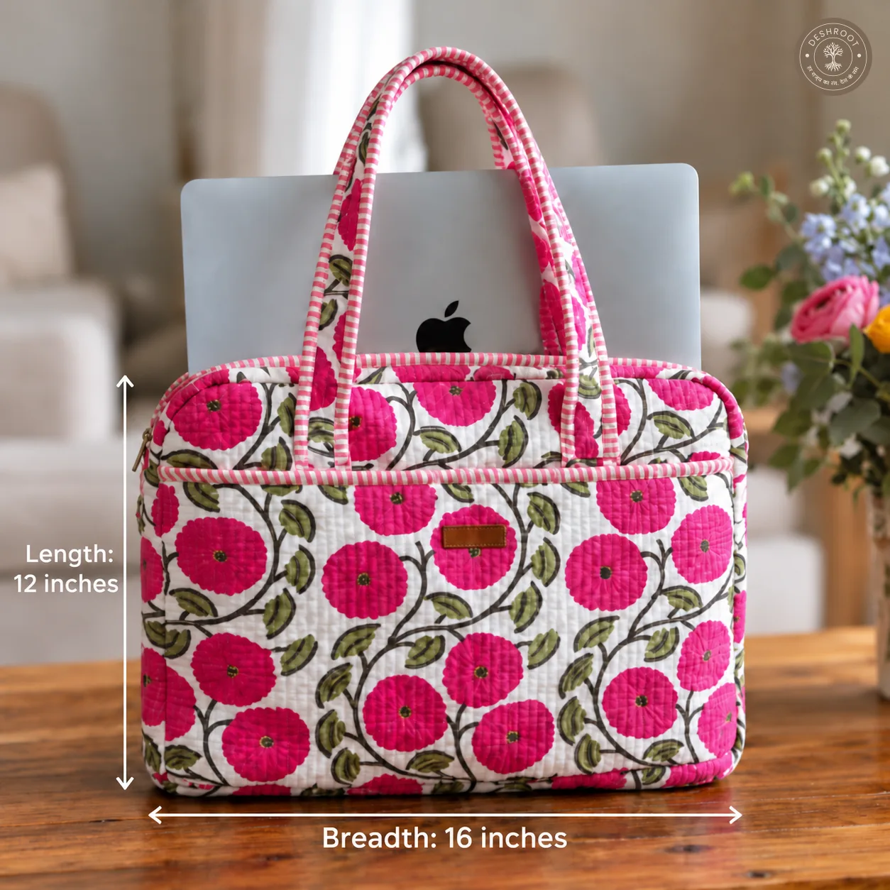 Pink Blossom Quilted Laptop Bag – Handcrafted Floral Cotton Laptop Bag