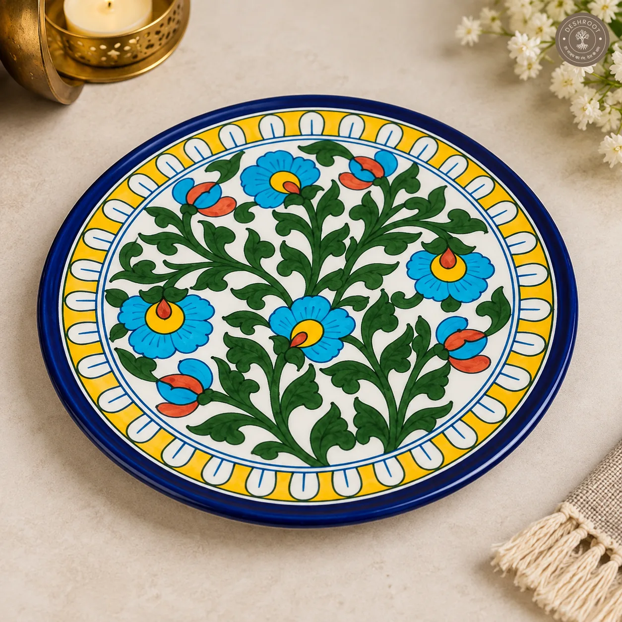 Handcrafted Jaipur Blue Pottery Decorative Ceramic Plate – Hand-Painted Floral & Vine Wall Plate for Traditional Home Décor, Table Display & Gifting