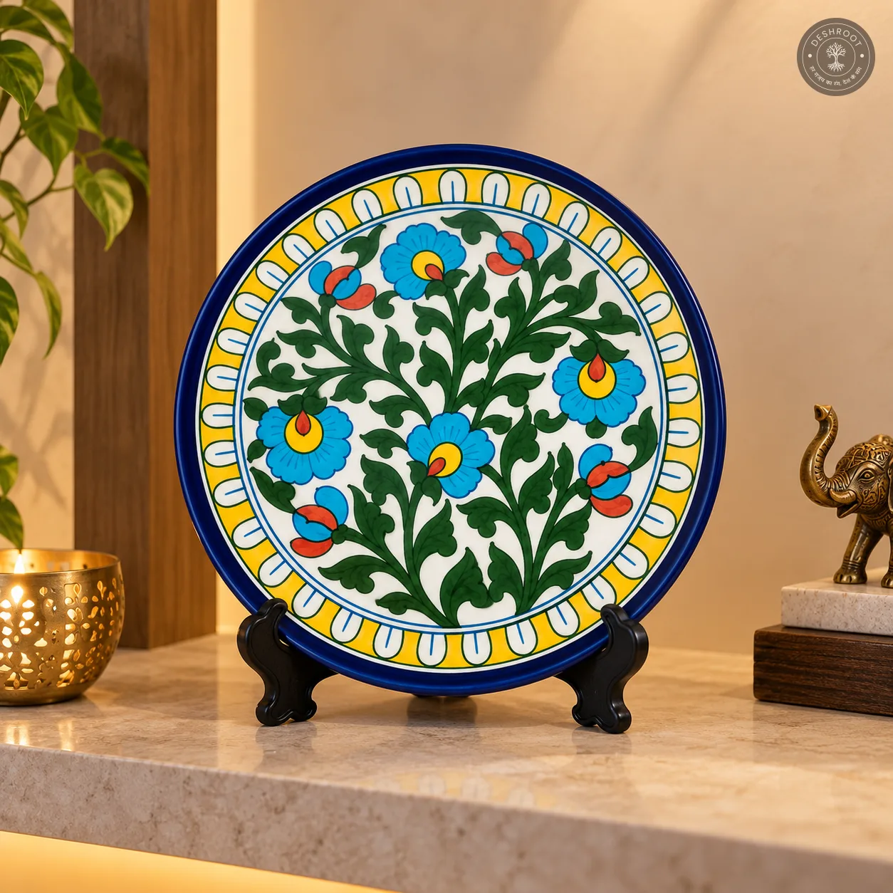 Handcrafted Jaipur Blue Pottery Decorative Ceramic Plate – Hand-Painted Floral & Vine Wall Plate for Traditional Home Décor, Table Display & Gifting