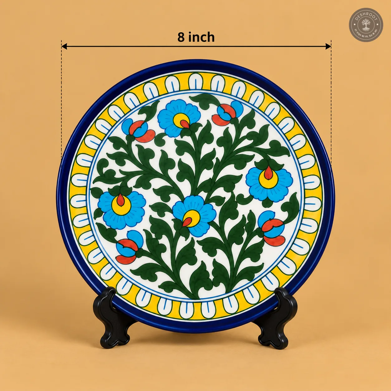 Handcrafted Jaipur Blue Pottery Decorative Ceramic Plate – Hand-Painted Floral & Vine Wall Plate for Traditional Home Décor, Table Display & Gifting