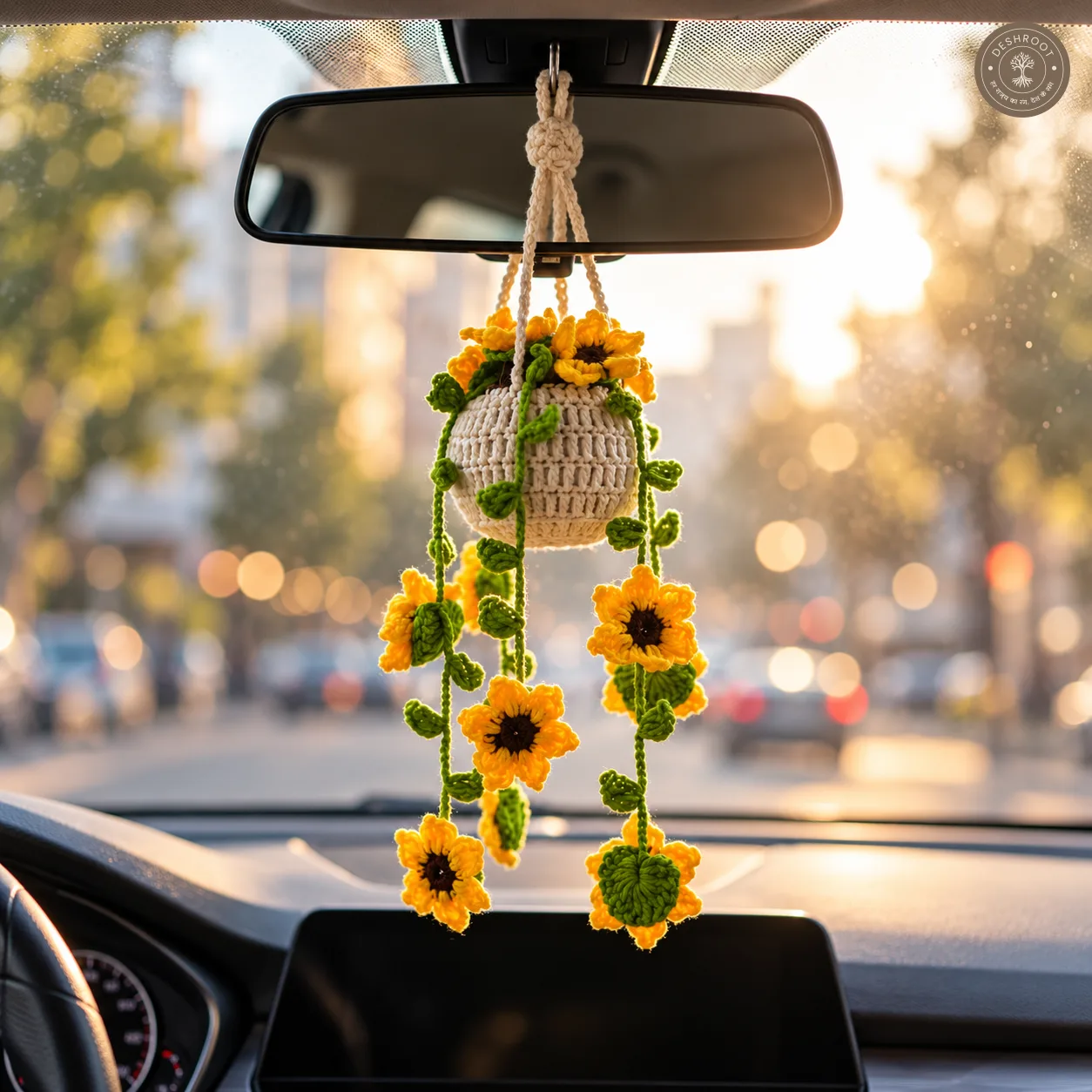 Handmade Crochet Hanging Basket - Knitted Sunflower Vine Planter for Balcony, Window & Wall Decor