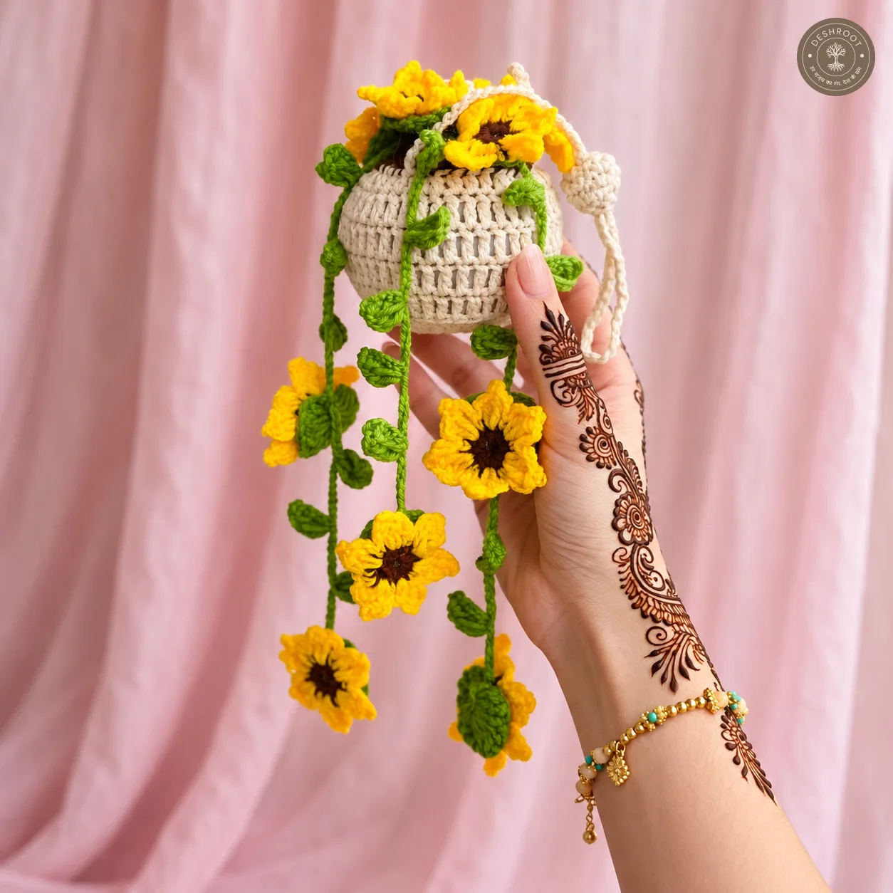 Handmade Crochet Hanging Basket - Knitted Sunflower Vine Planter for Balcony, Window & Wall Decor