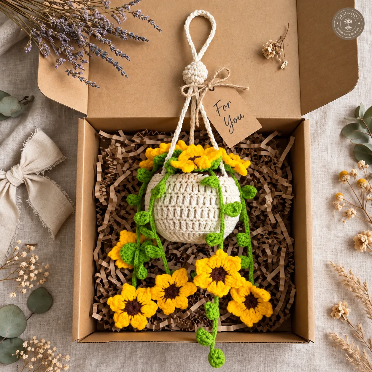 Handmade Crochet Hanging Basket - Knitted Sunflower Vine Planter for Balcony, Window & Wall Decor
