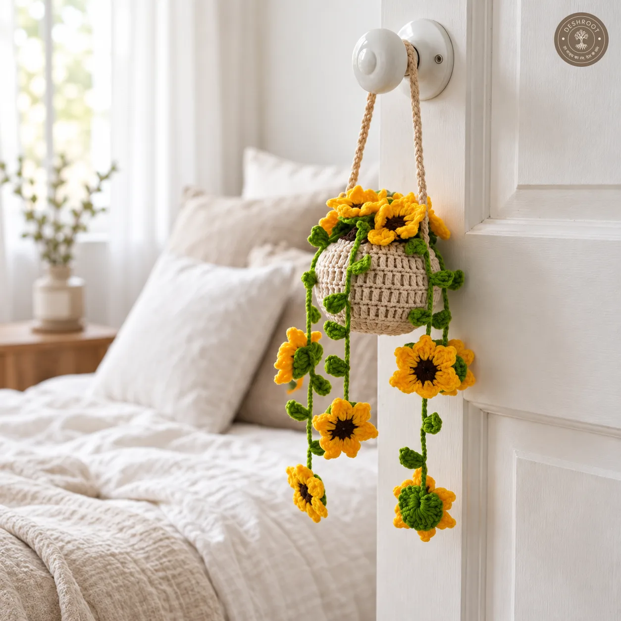 Handmade Crochet Hanging Basket - Knitted Sunflower Vine Planter for Balcony, Window & Wall Decor