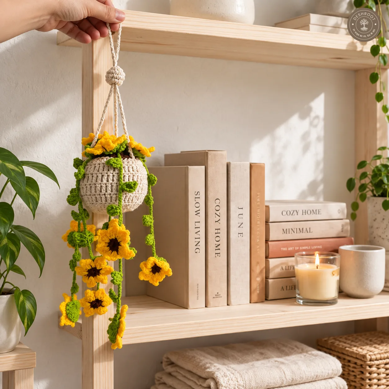 Handmade Crochet Hanging Basket - Knitted Sunflower Vine Planter for Balcony, Window & Wall Decor