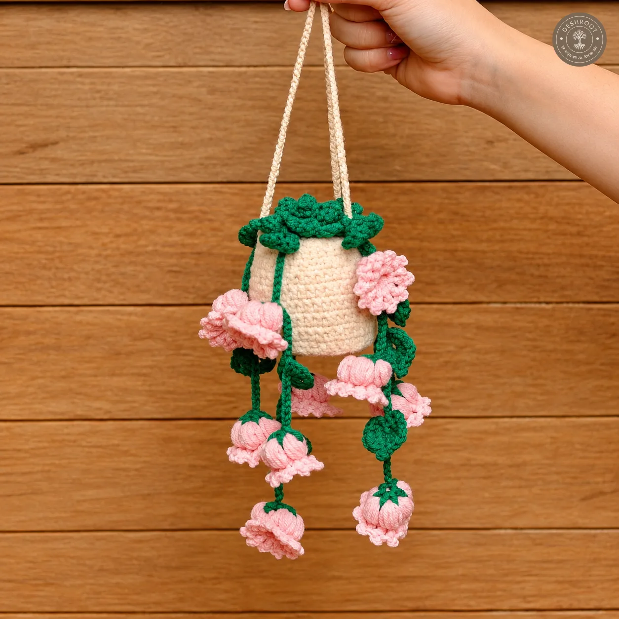 Handmade Crochet Hanging Plant with Cascading Pink Flowers - Aesthetic Room & Car Decor