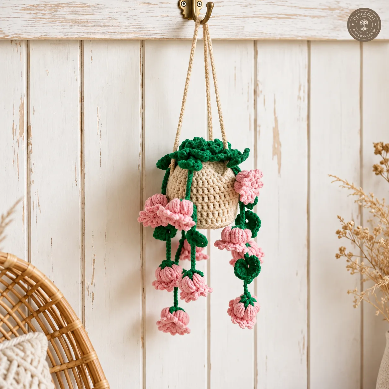 Handmade Crochet Hanging Plant with Cascading Pink Flowers - Aesthetic Room & Car Decor