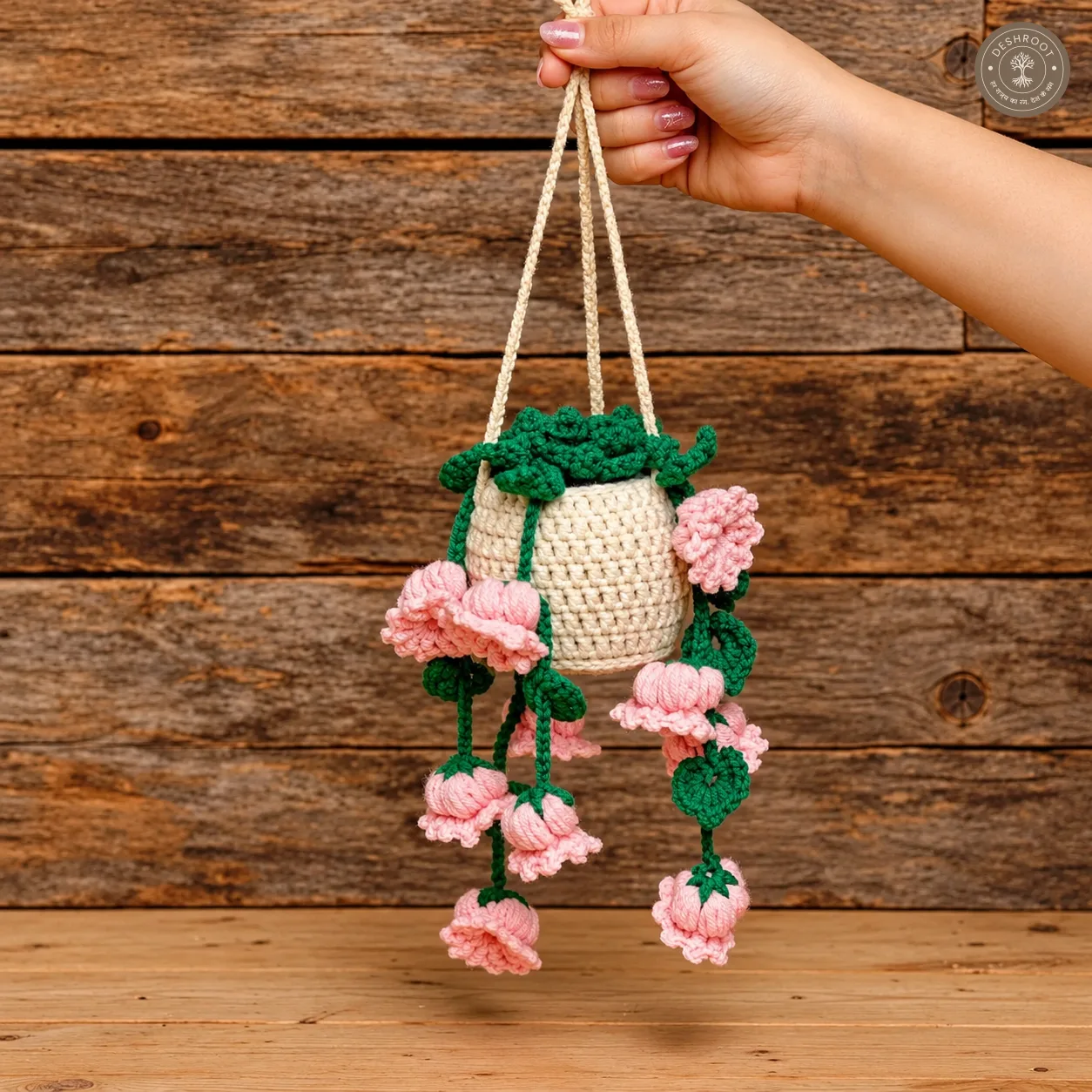 Handmade Crochet Hanging Plant with Cascading Pink Flowers - Aesthetic Room & Car Decor