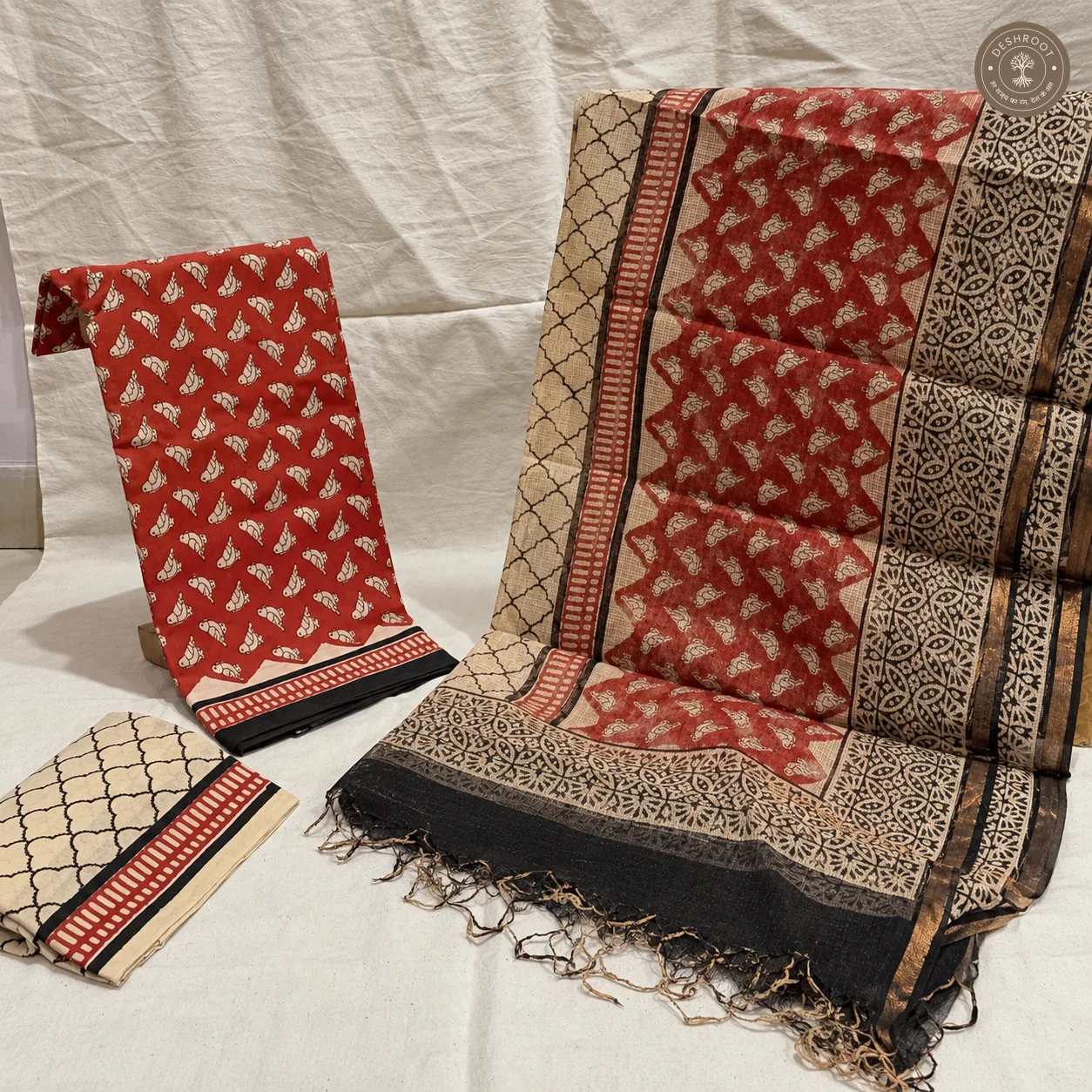 Bagru Hand Block Printed Cotton Suit with Kota Doriya Dupatta | Unstitched 3 Piece Dress Material for Women