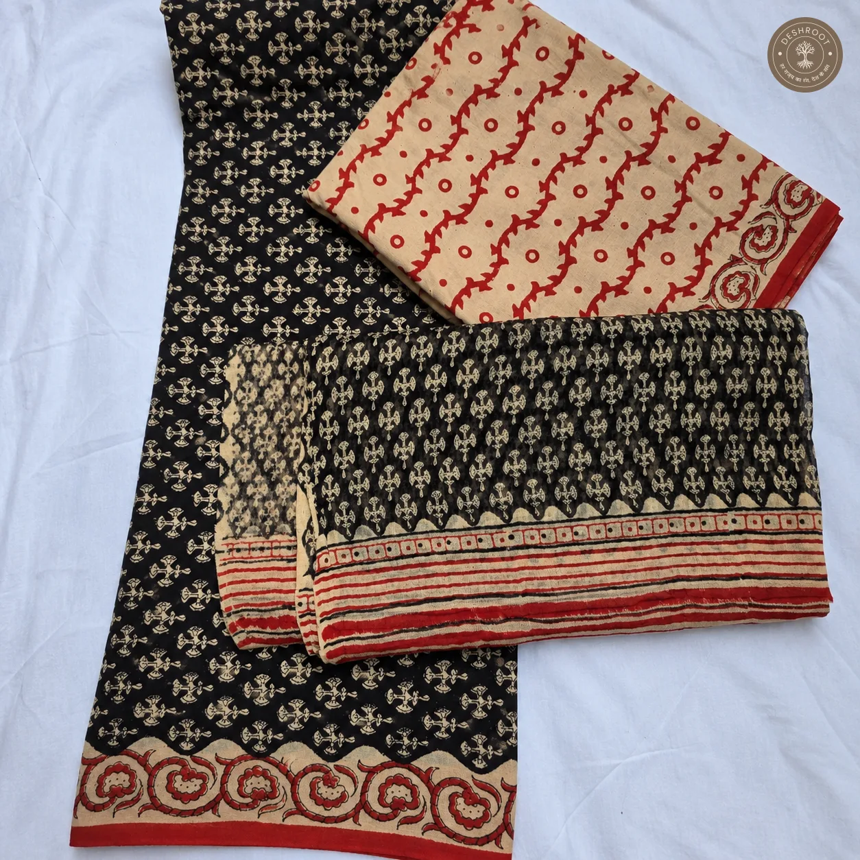 Bagru Hand Block Printed Cotton Suit Set with Chiffon Dupatta | Unstitched 3 Piece Dress Material for Women