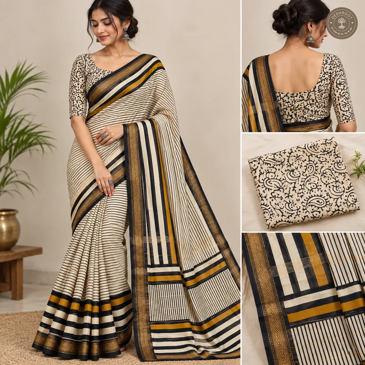 Maheshwari Silk Saree for Women | Traditional Hand Block Printed Maheshwari Silk Saree with Blouse Piece