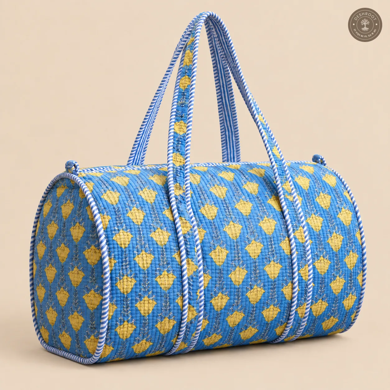 Handcrafted Quilted Blue Floral Duffle Bag