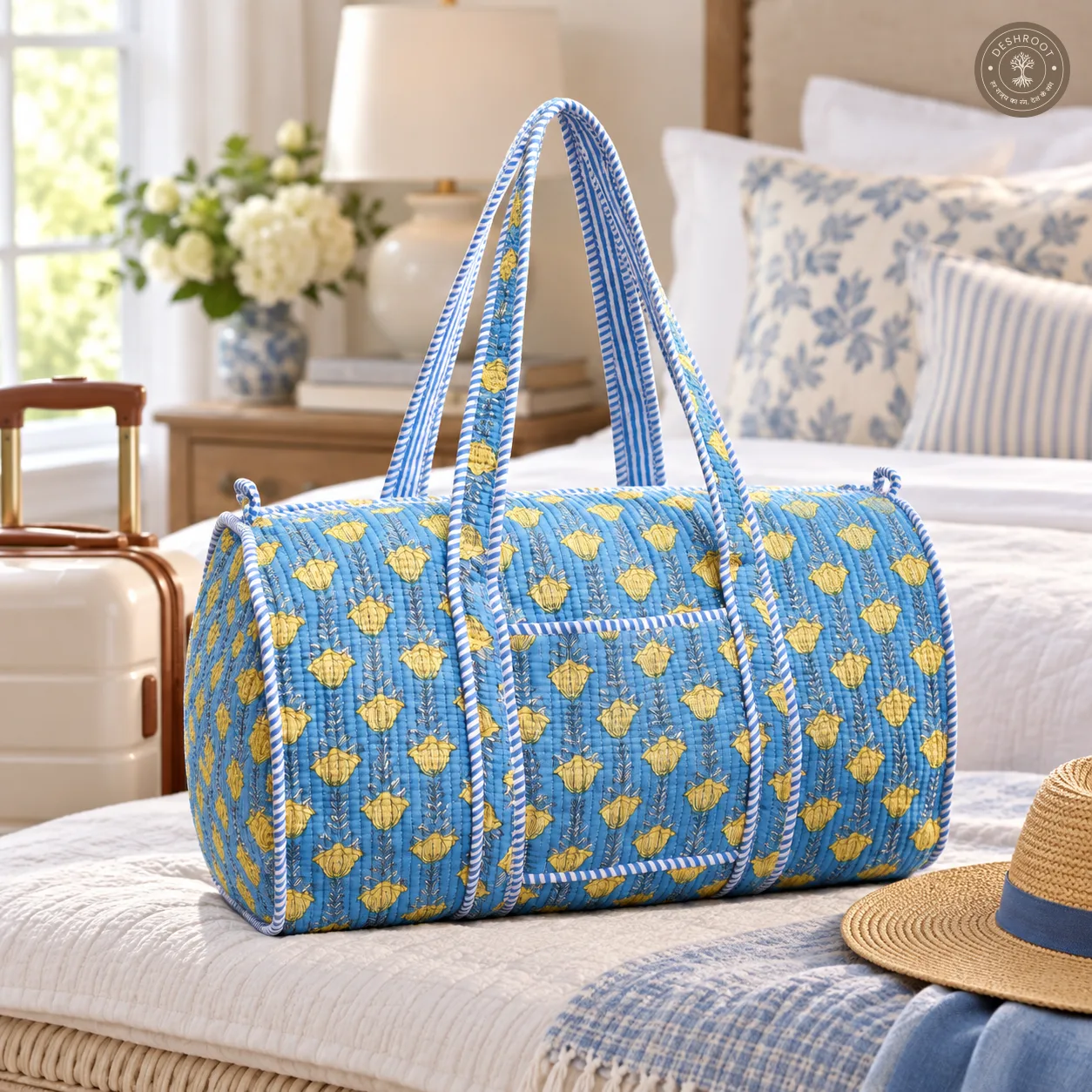 Handcrafted Quilted Blue Floral Duffle Bag