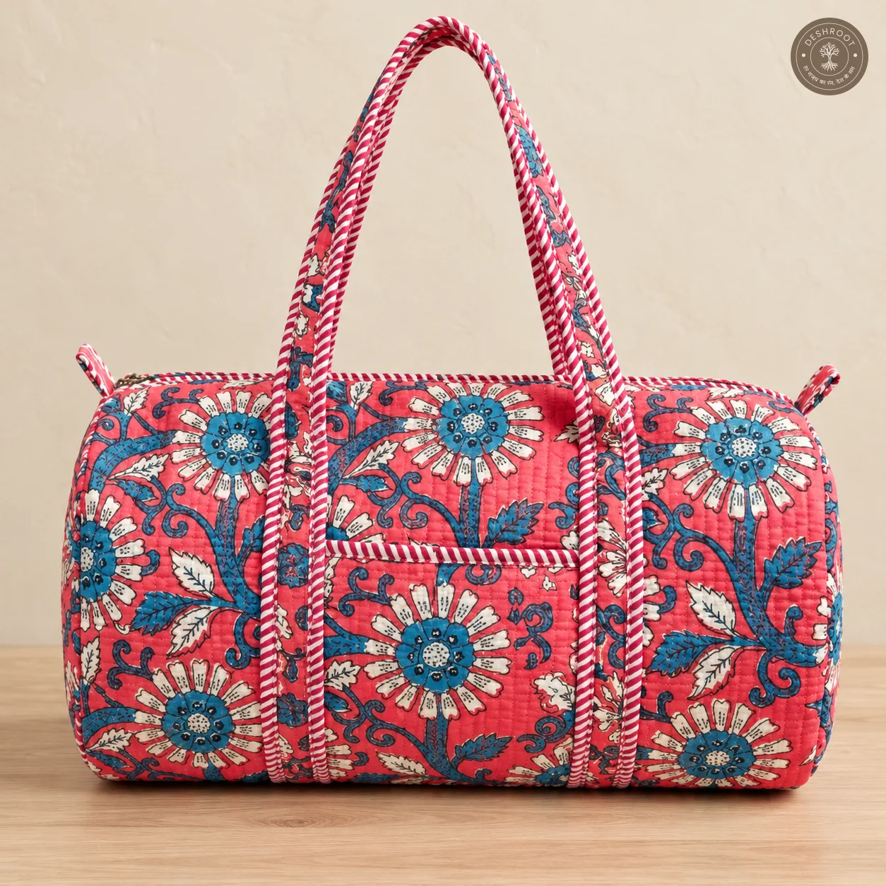 Coral Bloom Handmade Quilted Cotton Duffle Bag