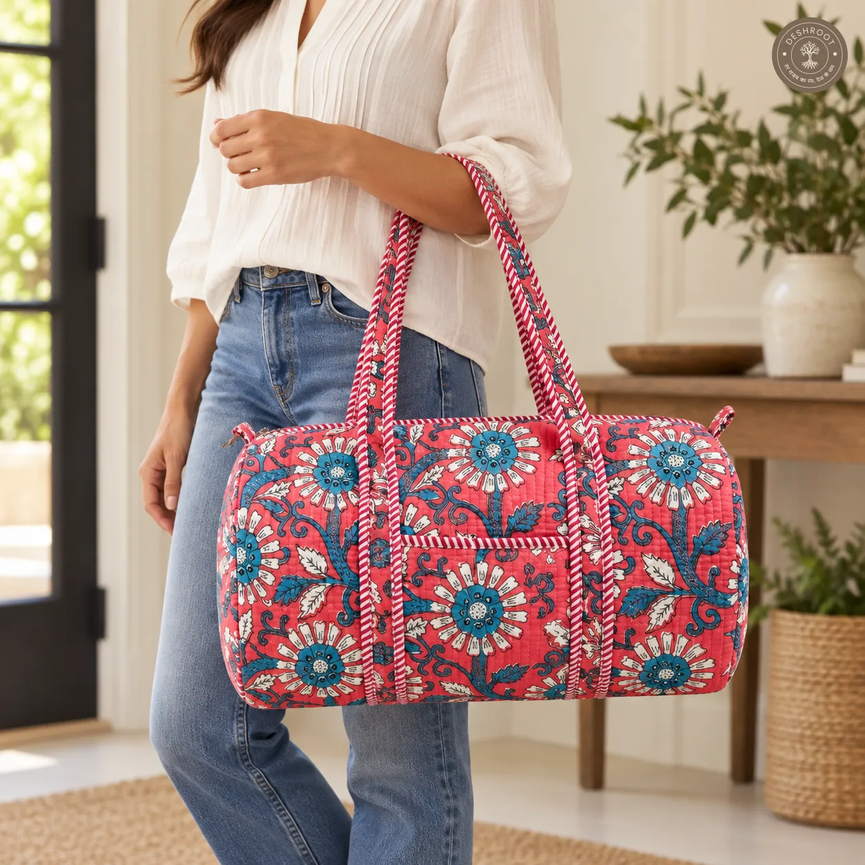 Coral Bloom Handmade Quilted Cotton Duffle Bag