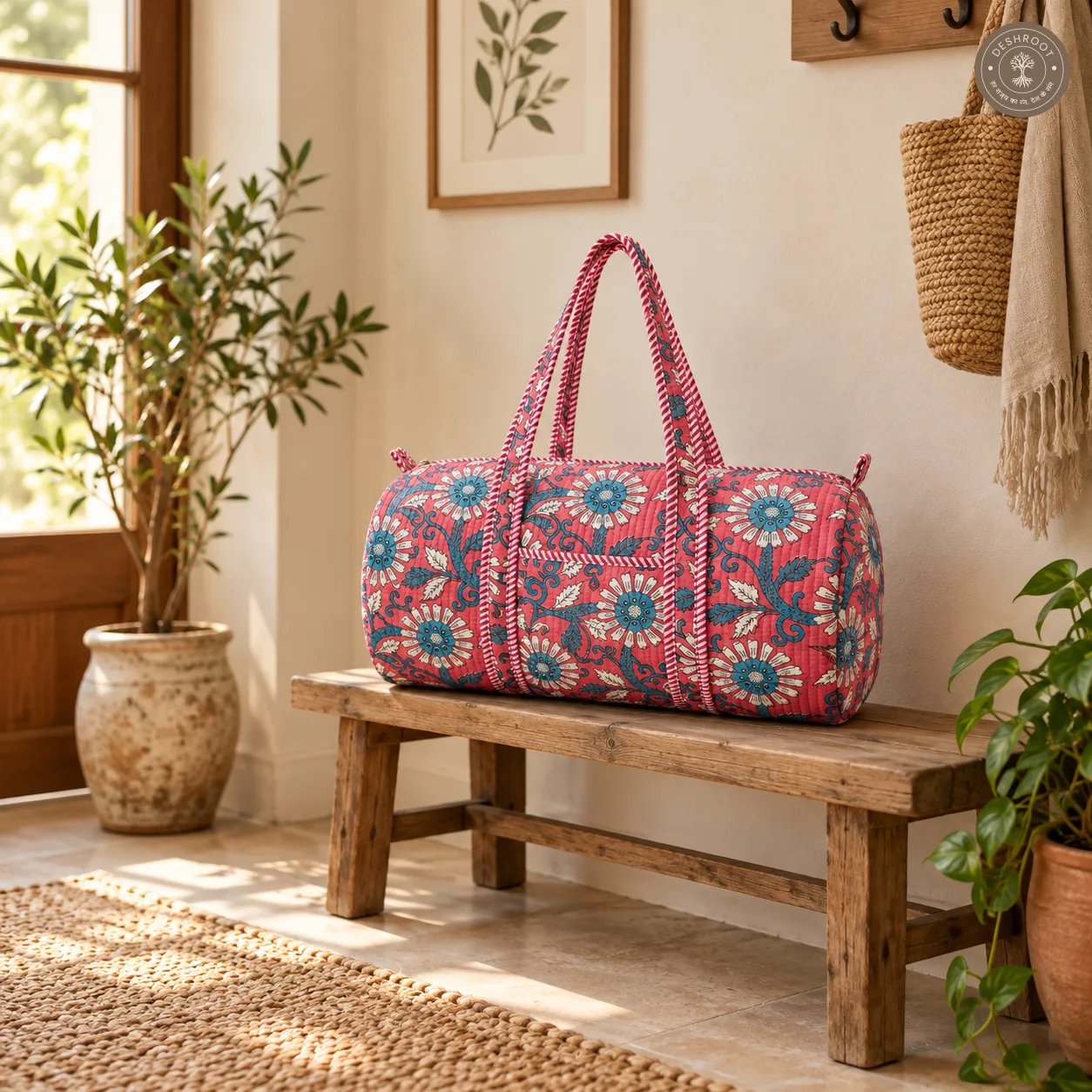 Coral Bloom Handmade Quilted Cotton Duffle Bag