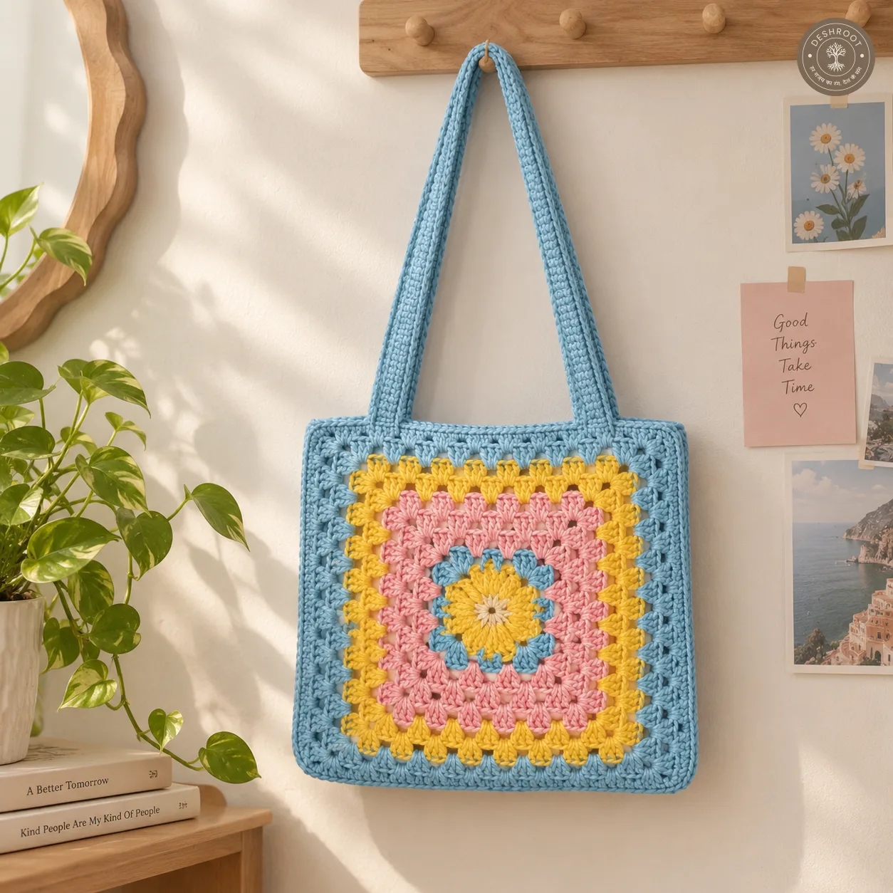 Handmade Crochet Granny Square Tote Bag - Cotton Knitted Shoulder Bag for Women