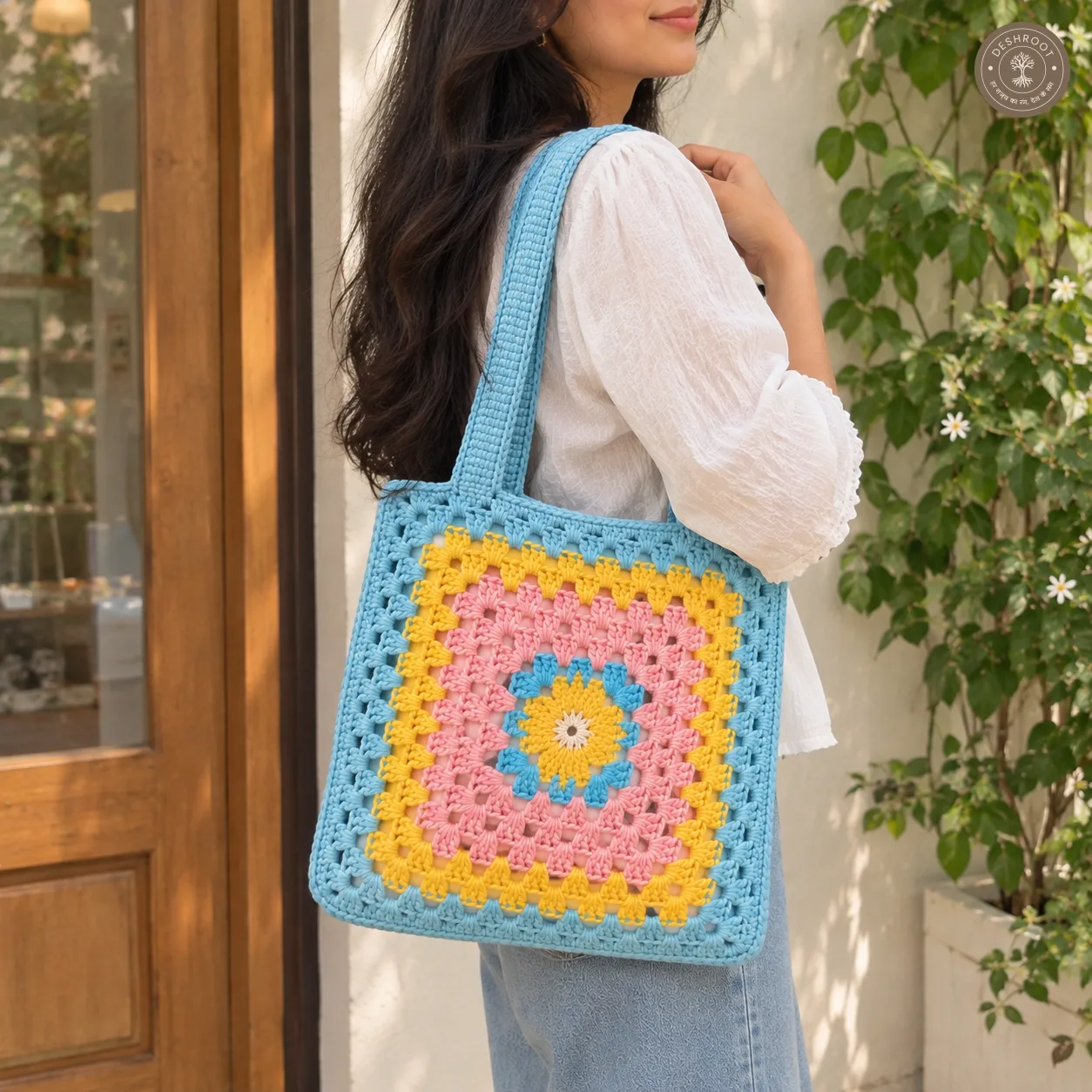 Handmade Crochet Granny Square Tote Bag - Cotton Knitted Shoulder Bag for Women