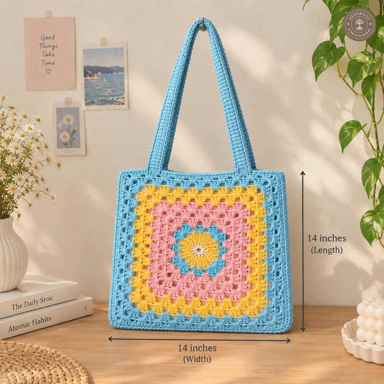Handmade Crochet Granny Square Tote Bag - Cotton Knitted Shoulder Bag for Women