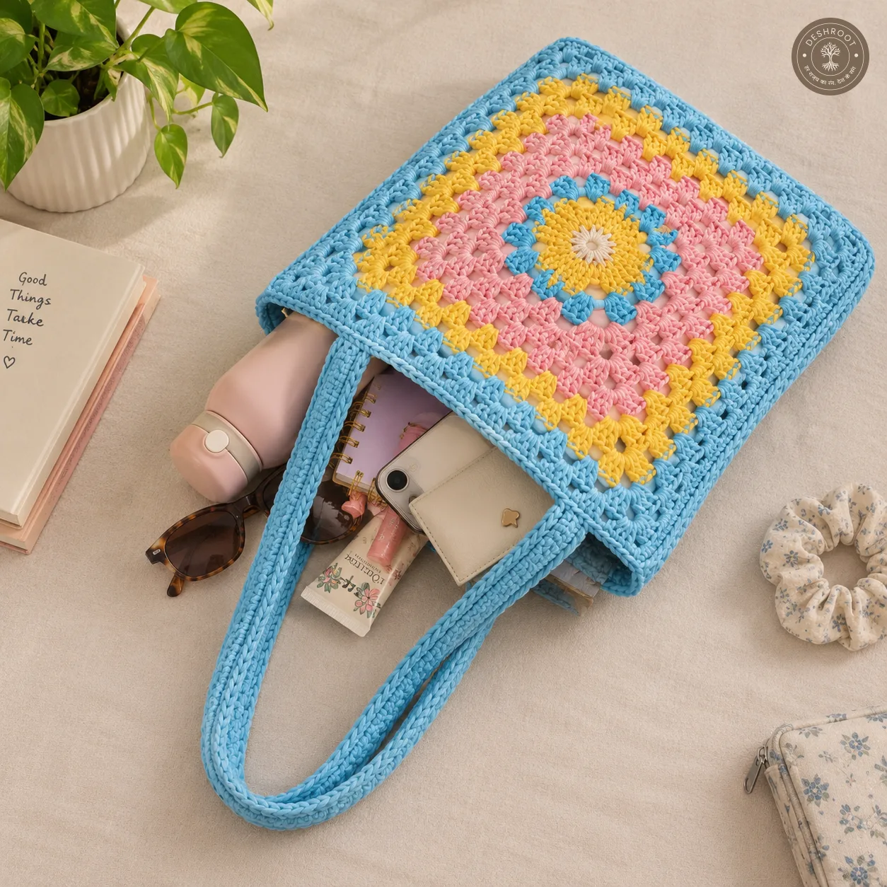 Handmade Crochet Granny Square Tote Bag - Cotton Knitted Shoulder Bag for Women