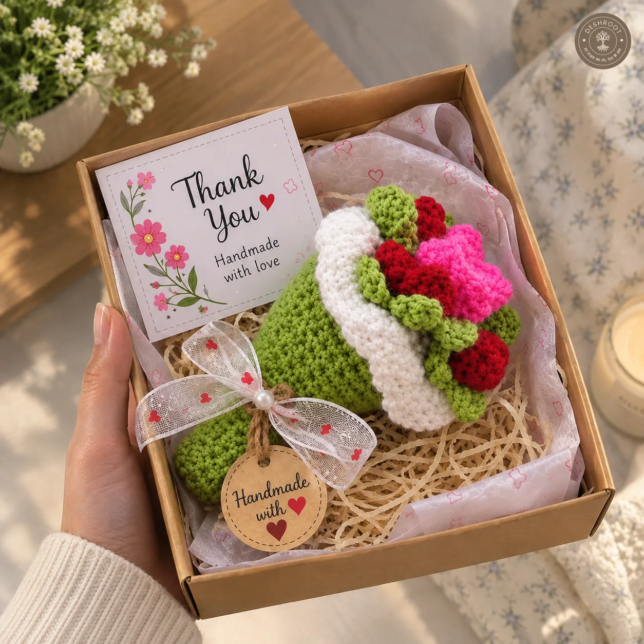 Handmade Crochet Flower Bouquet Gift - Knitted Rose Bouquet with Gift Box