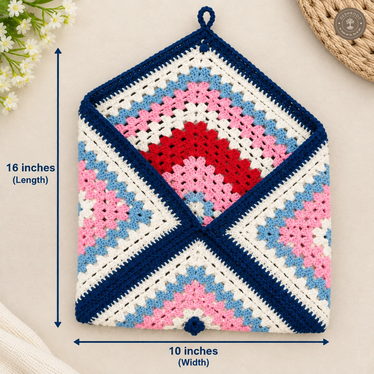 Handmade Crochet Square Laptop Cover - Multicolour Cotton Yarn Laptop Pouch