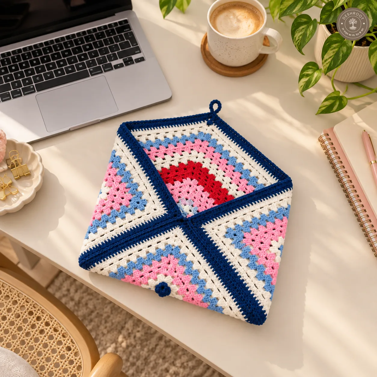 Handmade Crochet Square Laptop Cover - Multicolour Cotton Yarn Laptop Pouch
