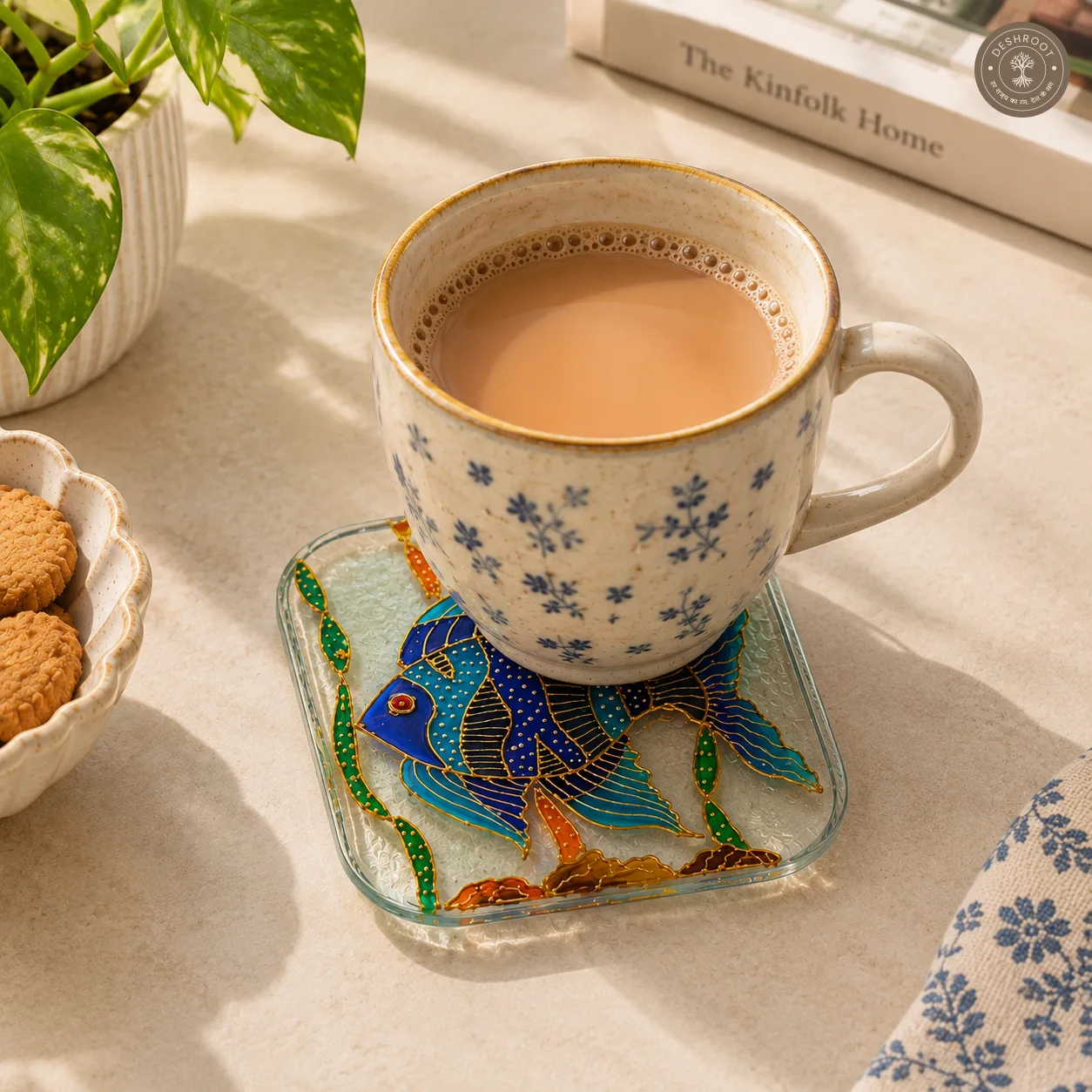 Hand Painted Tropical Fish Glass Coaster - Intricate Blue Fish Artwork with Gold Detailing