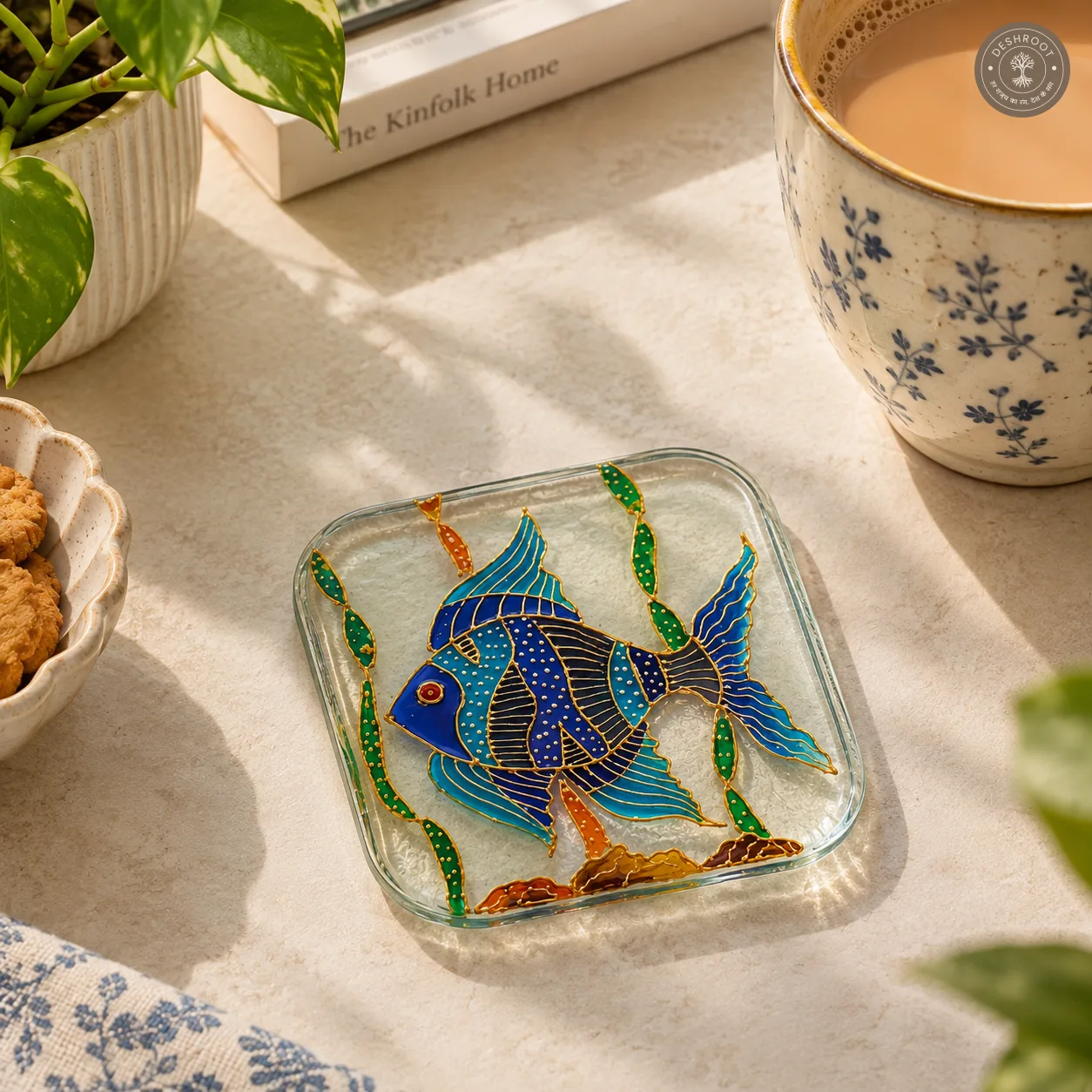 Hand Painted Tropical Fish Glass Coaster - Intricate Blue Fish Artwork with Gold Detailing