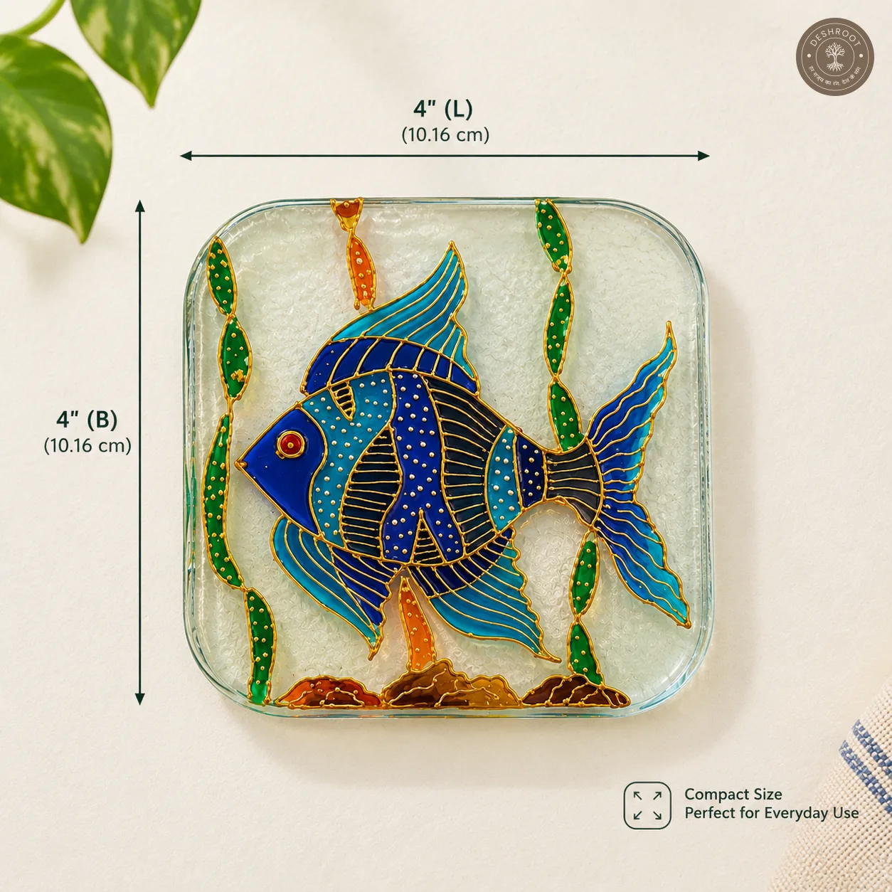 Hand Painted Tropical Fish Glass Coaster - Intricate Blue Fish Artwork with Gold Detailing