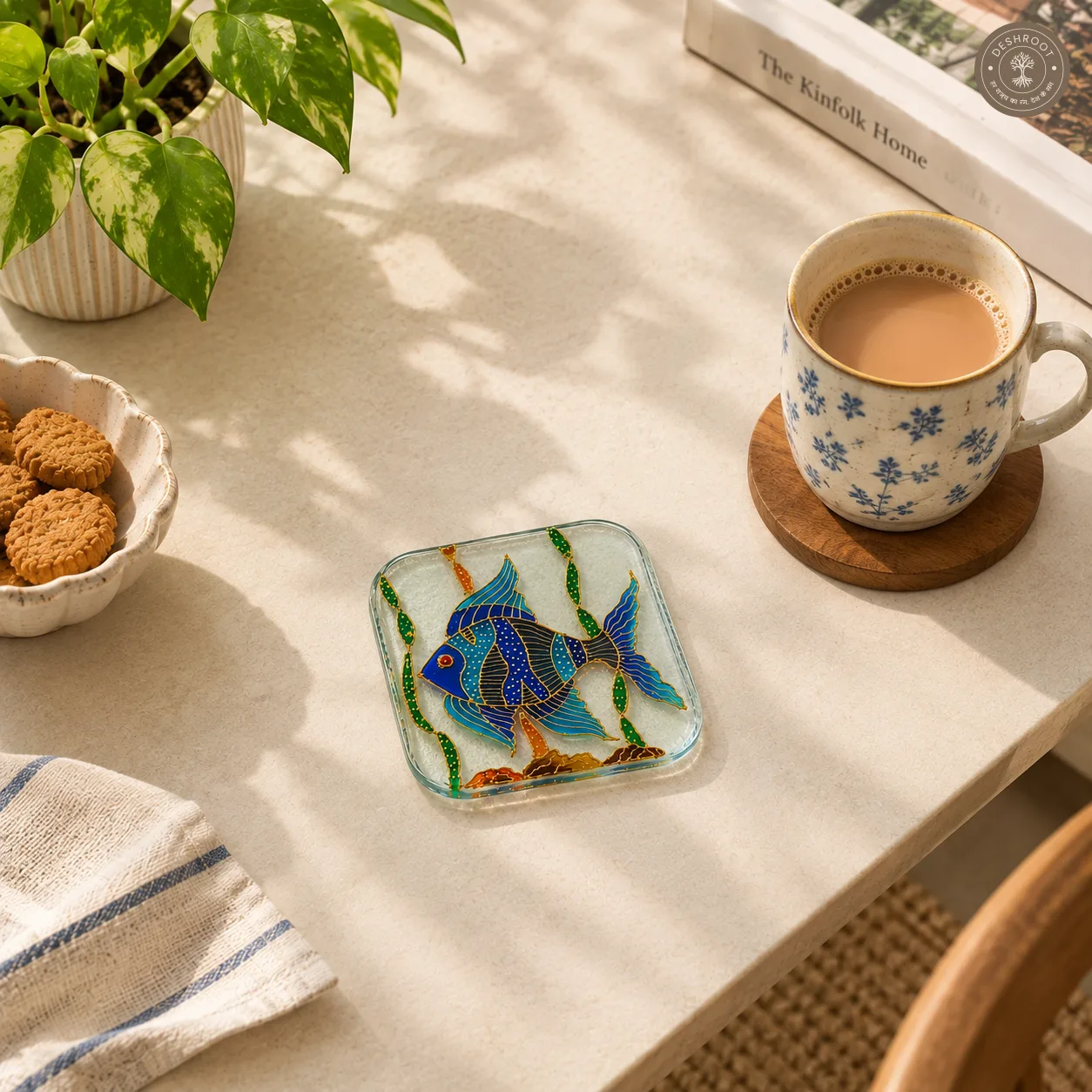 Hand Painted Tropical Fish Glass Coaster - Intricate Blue Fish Artwork with Gold Detailing