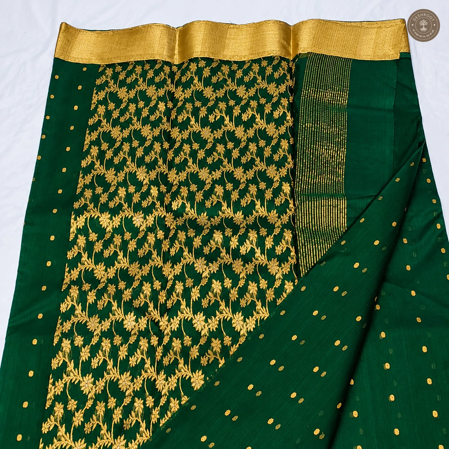 Bottle Green Katan Silk Saree with Ghani Buti & Floral Jaal Pallu