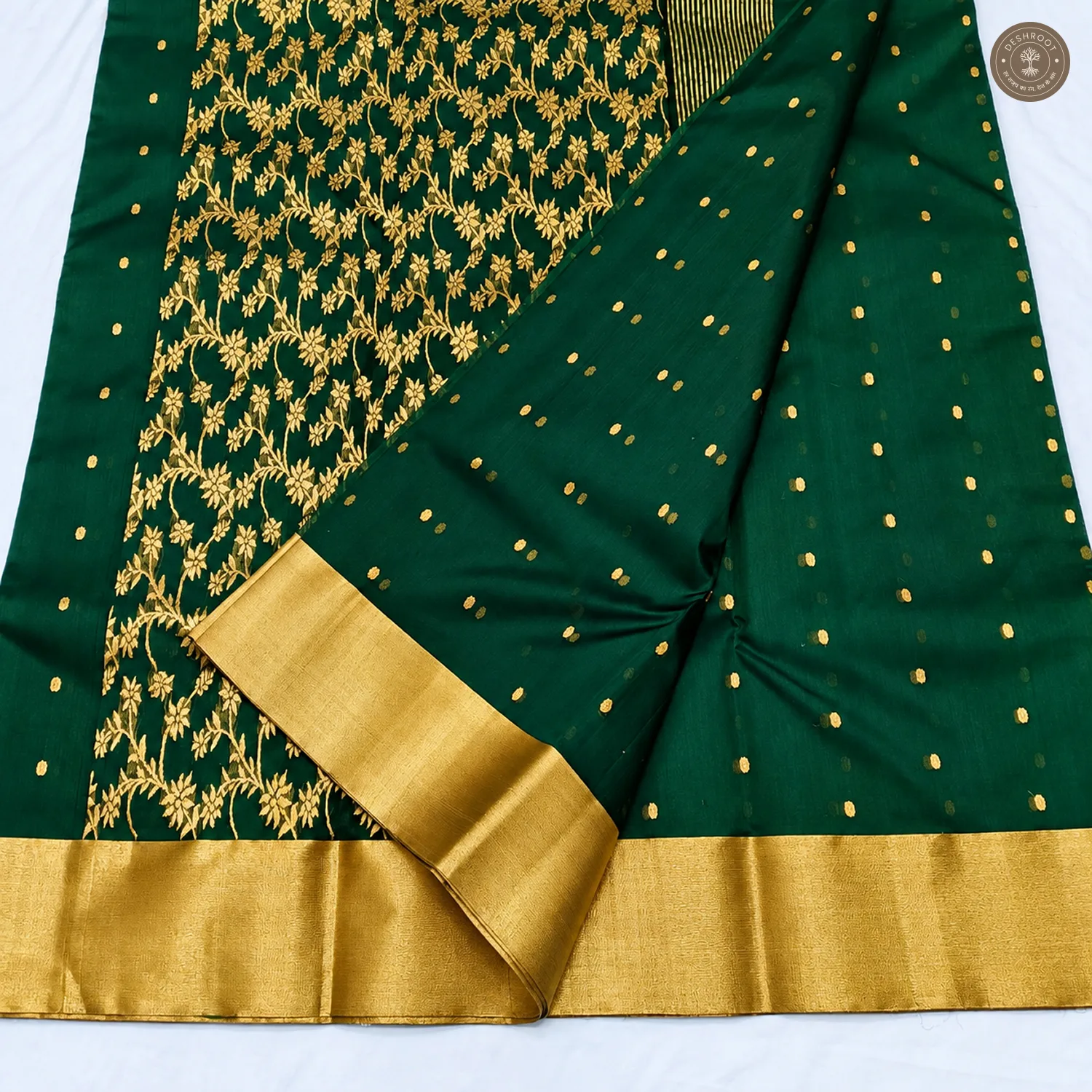 Bottle Green Katan Silk Saree with Ghani Buti & Floral Jaal Pallu