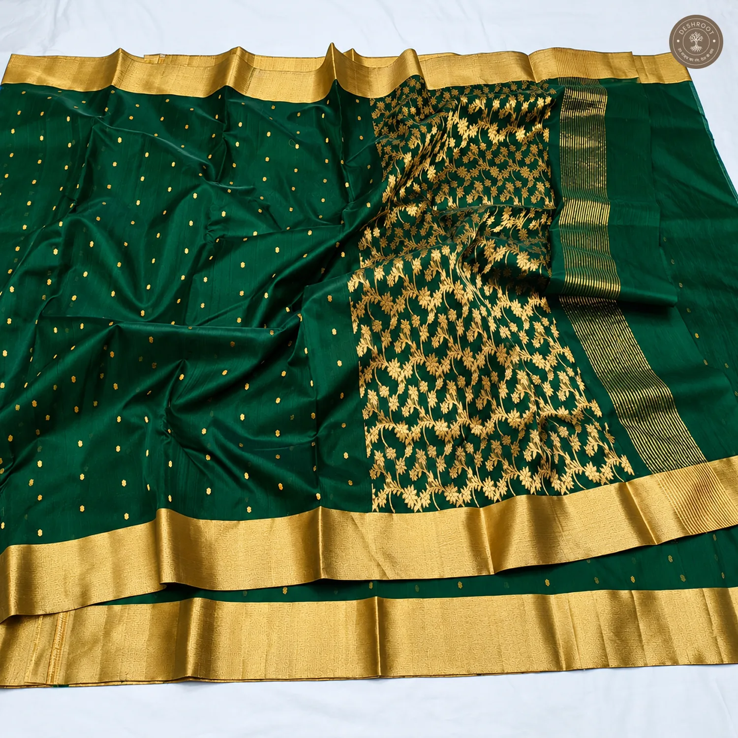 Bottle Green Katan Silk Saree with Ghani Buti & Floral Jaal Pallu