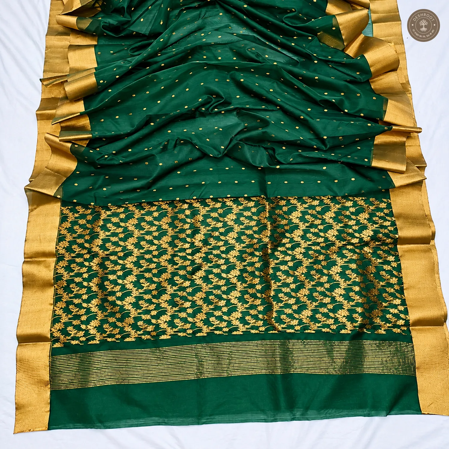 Bottle Green Katan Silk Saree with Ghani Buti & Floral Jaal Pallu