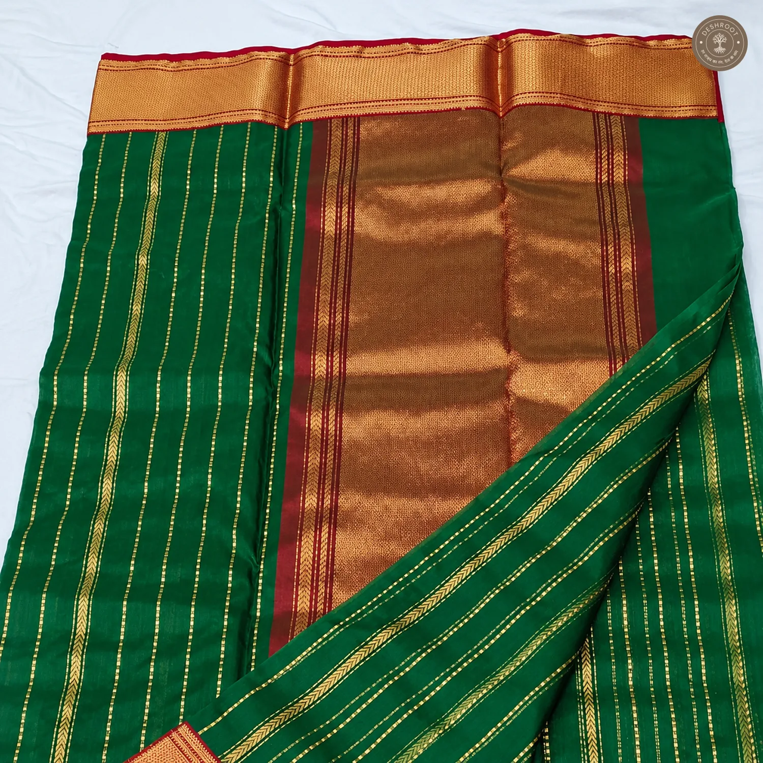 Green Katan Silk Saree with Elephant-Peacock Zari Pallu