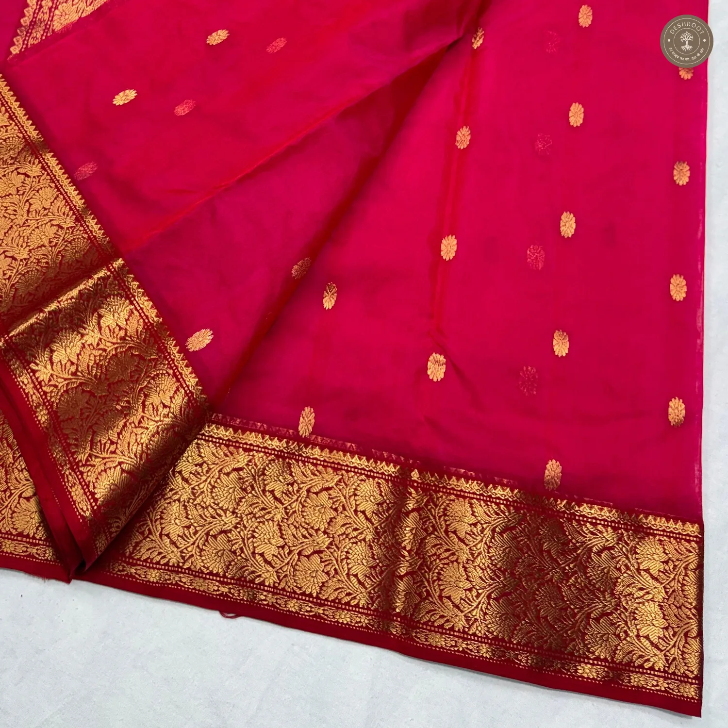 Rani Pink Katan Silk Saree with Ghani Buti & Floral Zari Pallu