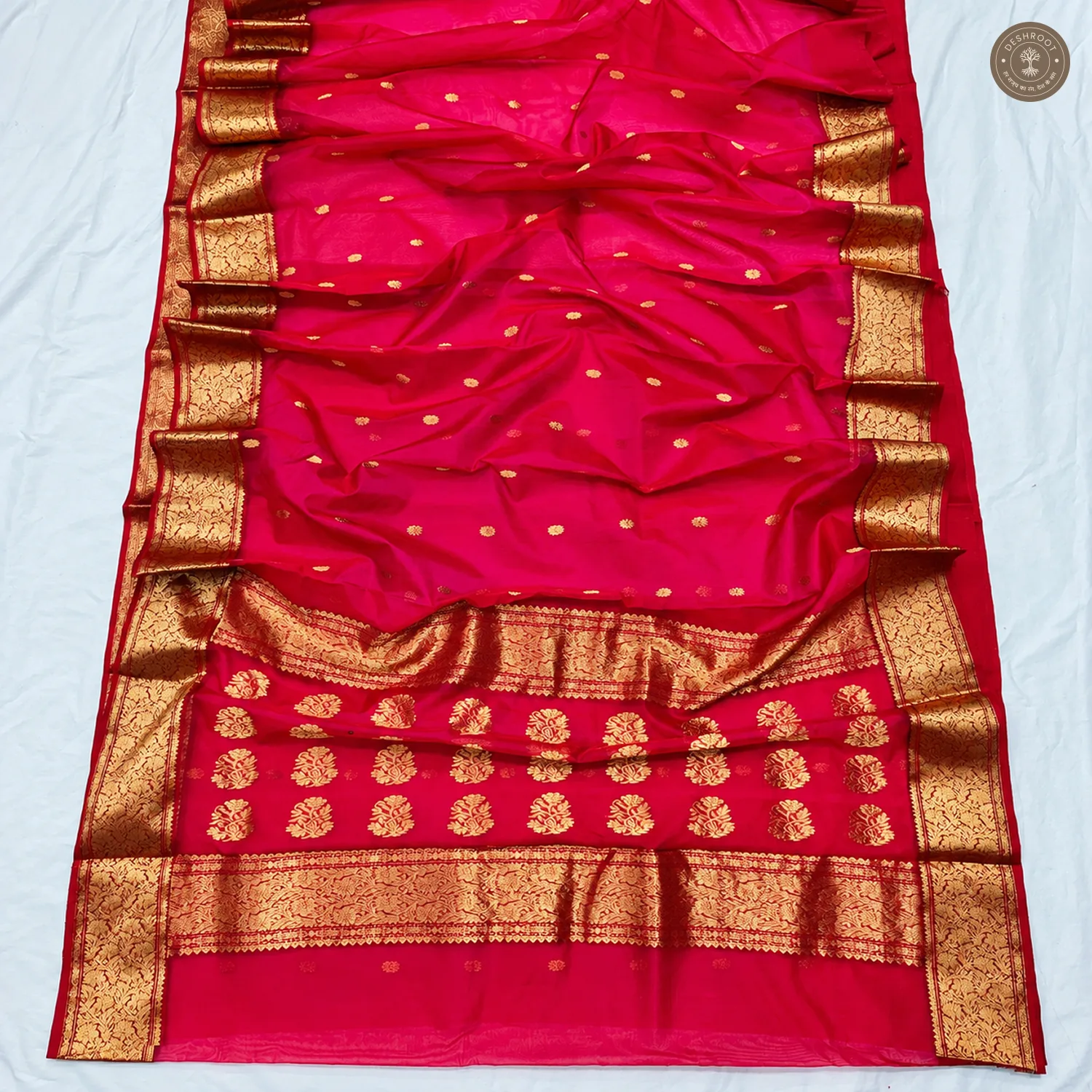 Rani Pink Katan Silk Saree with Ghani Buti & Floral Zari Pallu