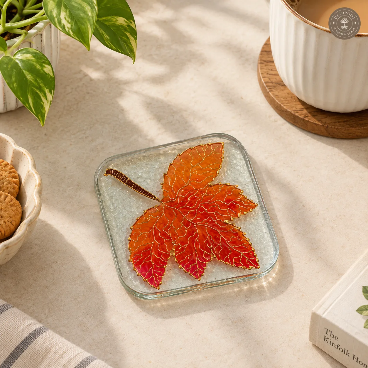 Hand Painted Autumn Leaf Glass Coaster - Red & Orange Nature Inspired Artwork