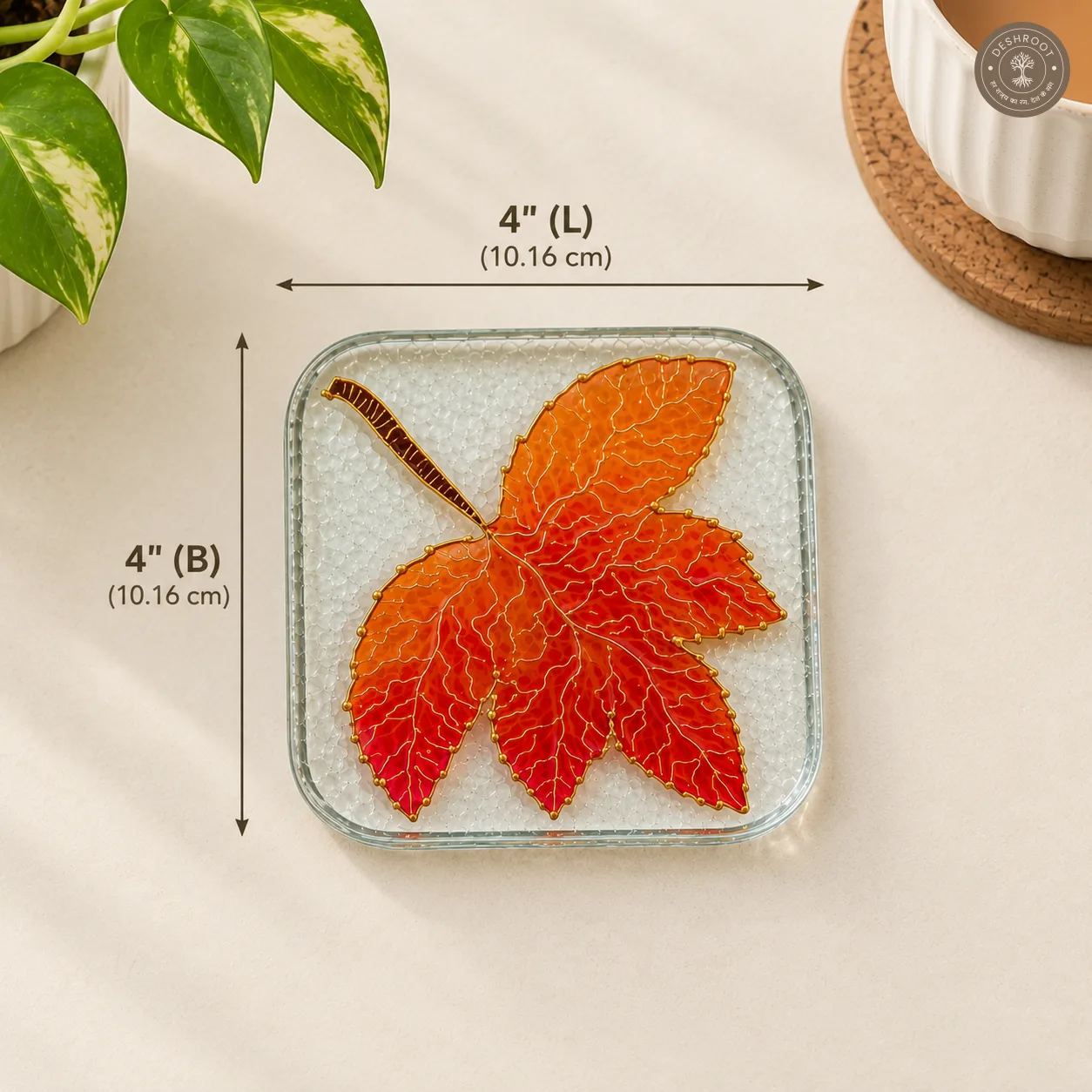 Hand Painted Autumn Leaf Glass Coaster - Red & Orange Nature Inspired Artwork