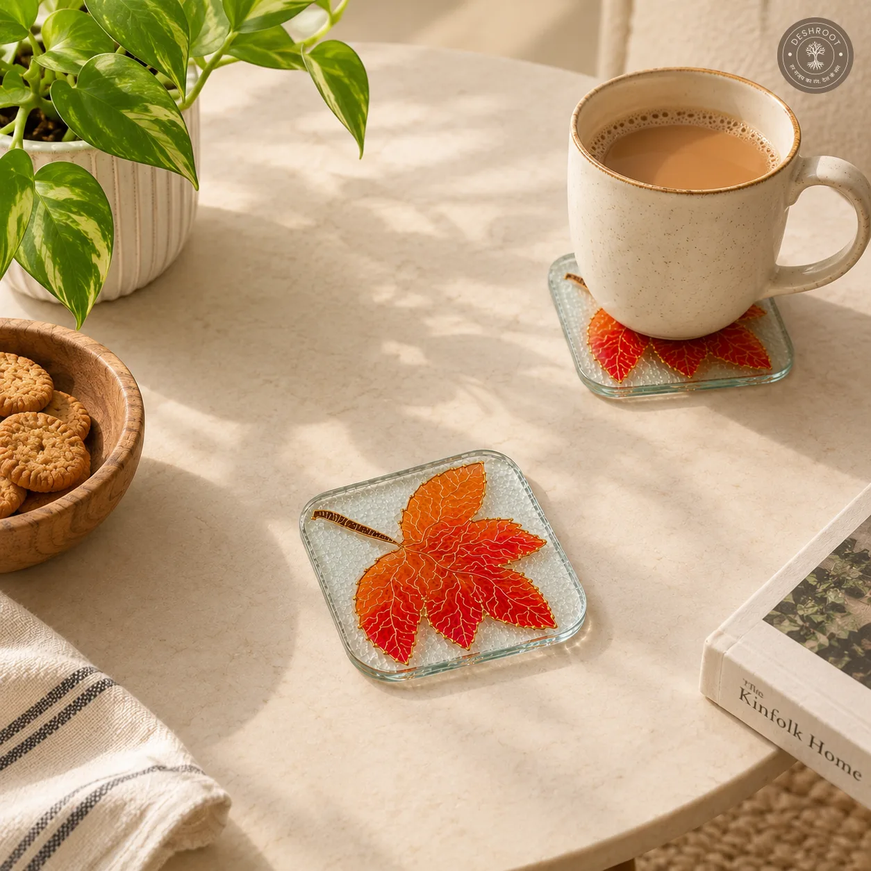 Hand Painted Autumn Leaf Glass Coaster - Red & Orange Nature Inspired Artwork