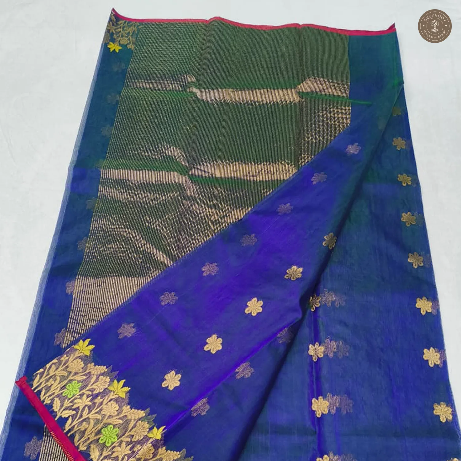 Royal Blue Katan Silk Saree with Meenakari Floral Border & Zari Buti