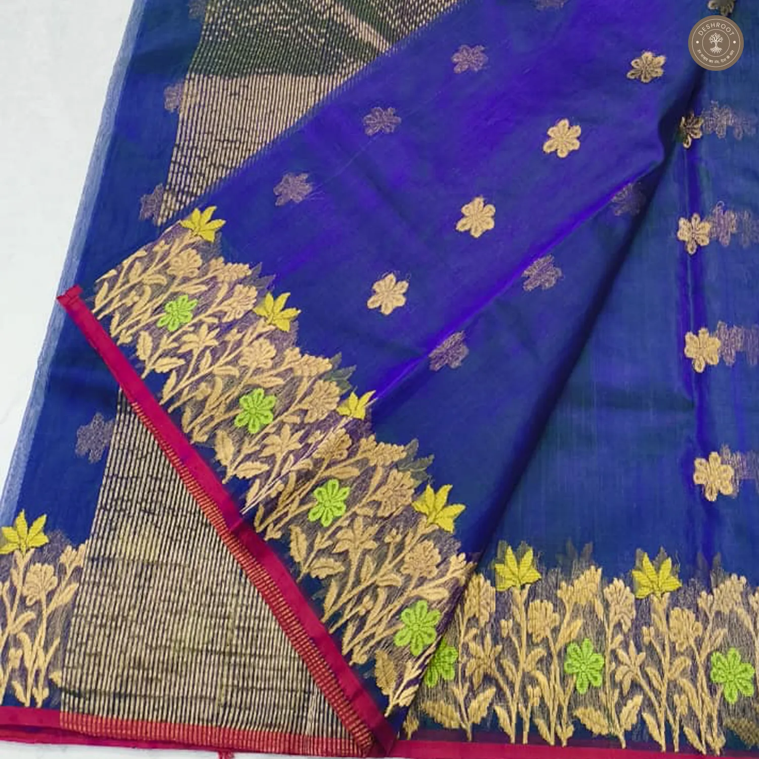 Royal Blue Katan Silk Saree with Meenakari Floral Border & Zari Buti