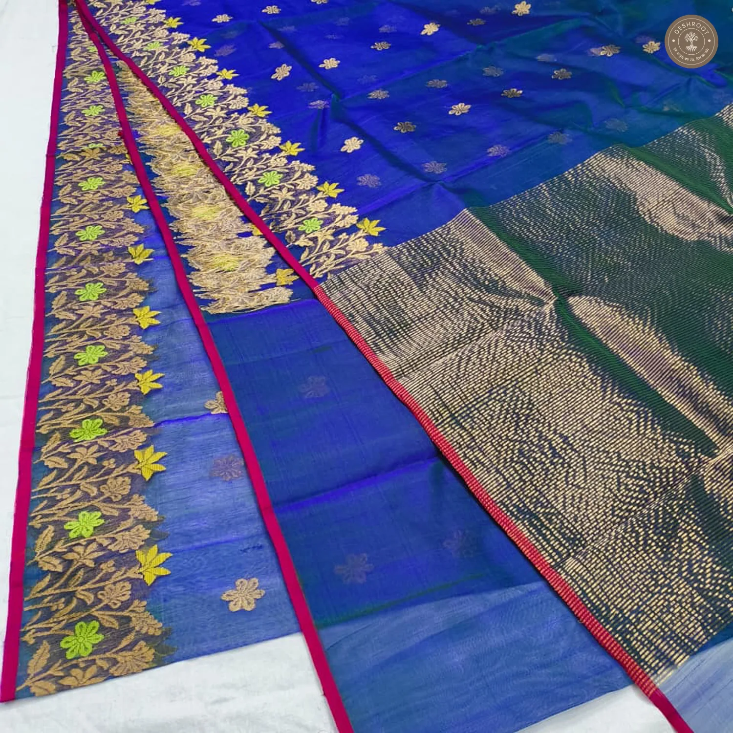 Royal Blue Katan Silk Saree with Meenakari Floral Border & Zari Buti