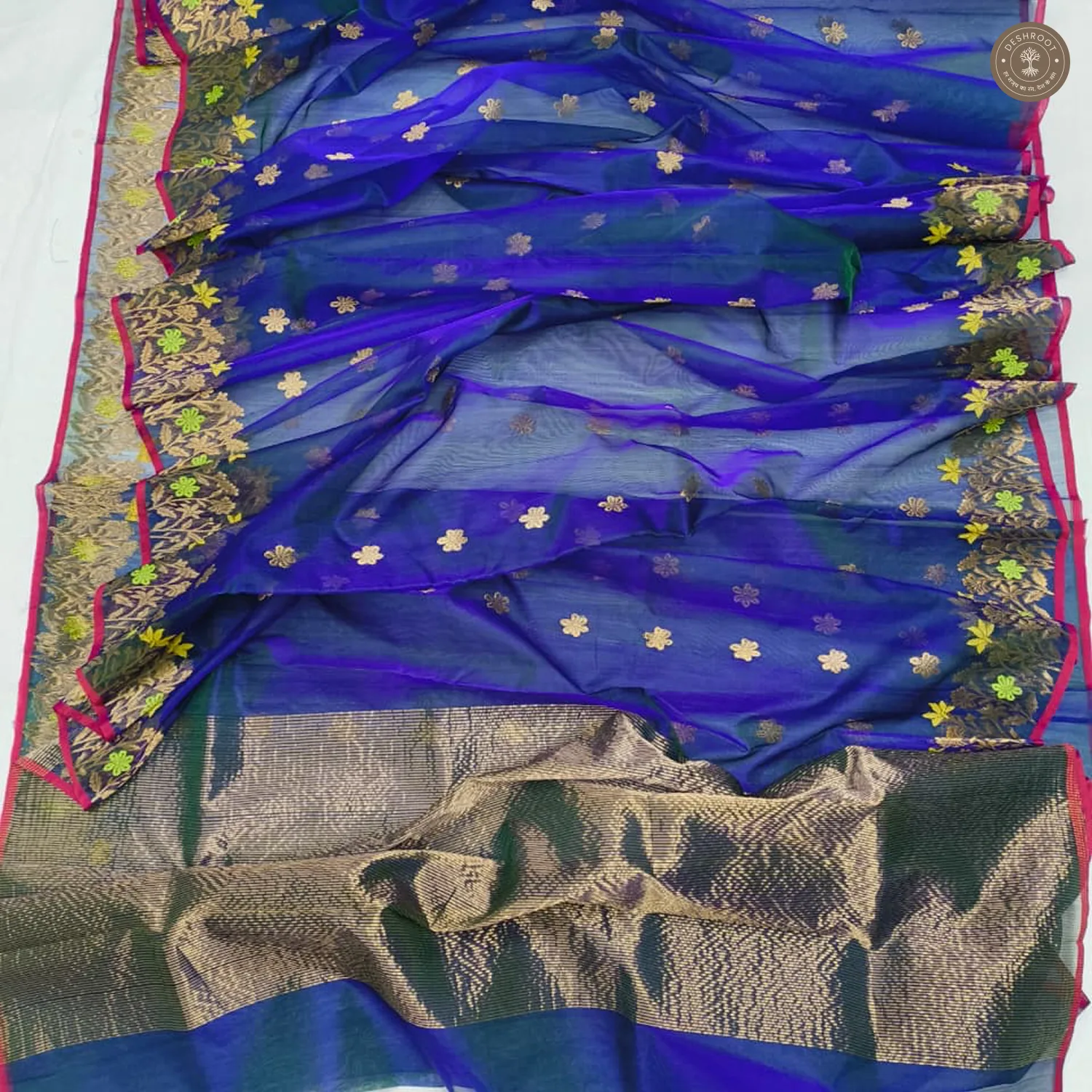 Royal Blue Katan Silk Saree with Meenakari Floral Border & Zari Buti