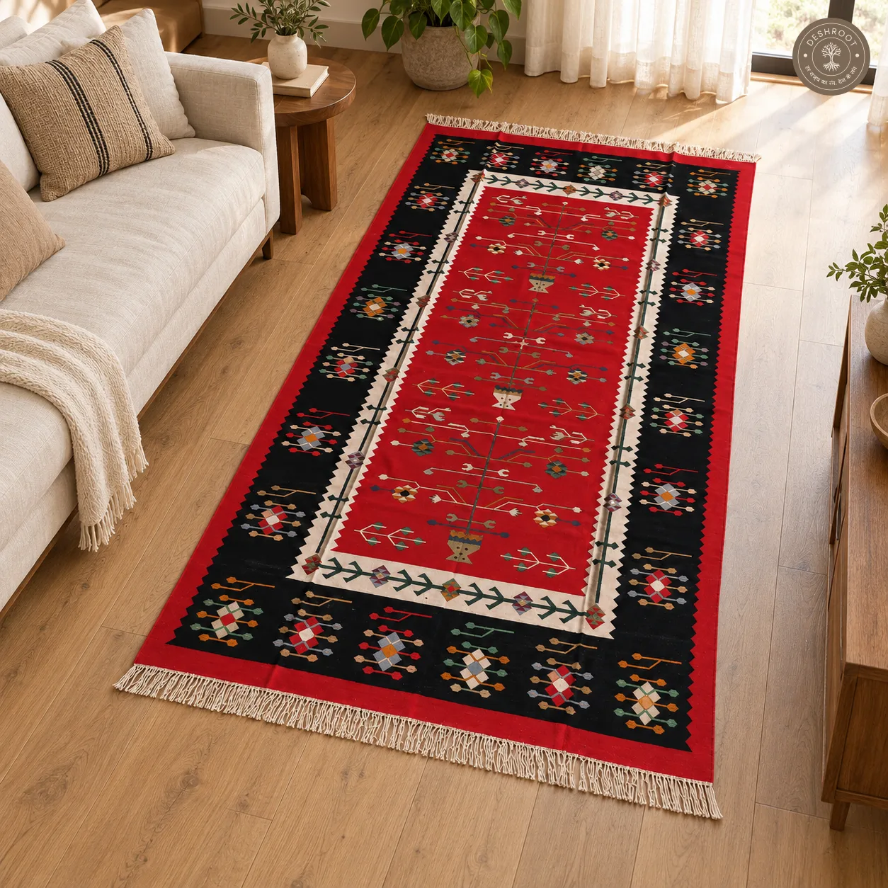 Black & Red Botanical Geometric Handwoven Durrie
