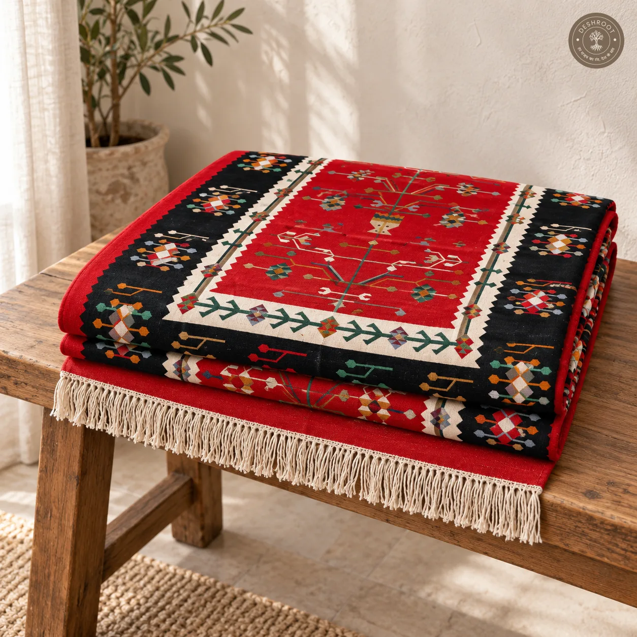 Black & Red Botanical Geometric Handwoven Durrie