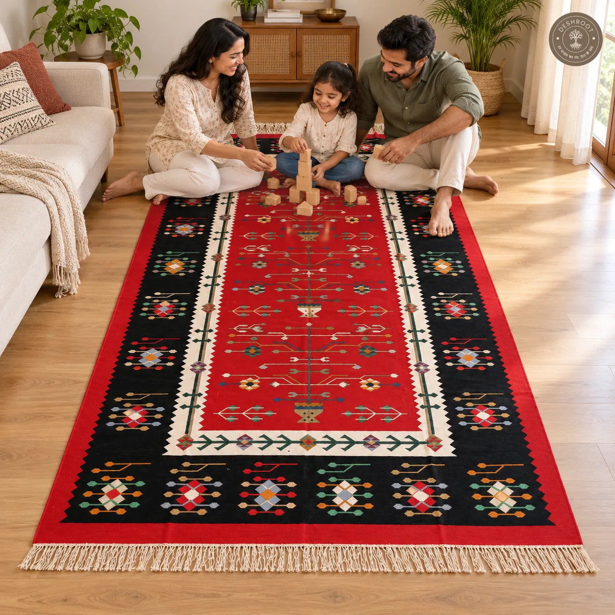 Black & Red Botanical Geometric Handwoven Durrie