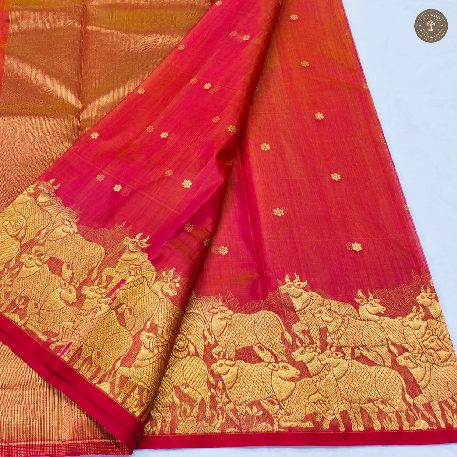 Pink-Red Shot Tone Katan Silk Saree with Wide Zari Motif Border