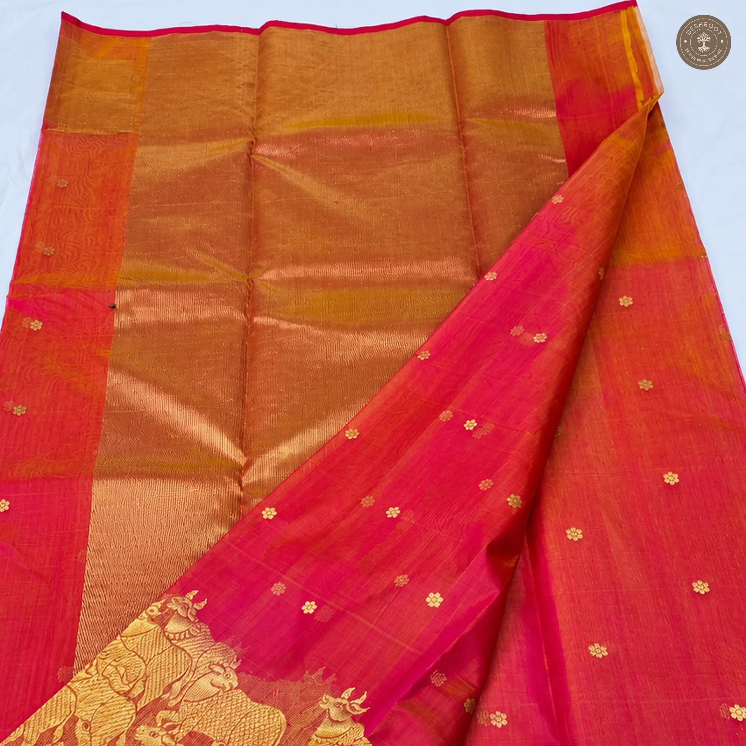 Pink-Red Shot Tone Katan Silk Saree with Wide Zari Motif Border